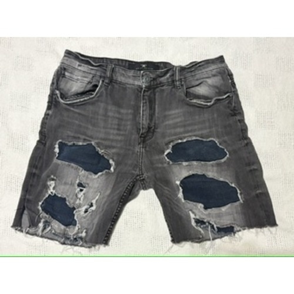 Legacy Edition Mens Distressed Denim Shorts Black Patchwork Raw Hem Size 34